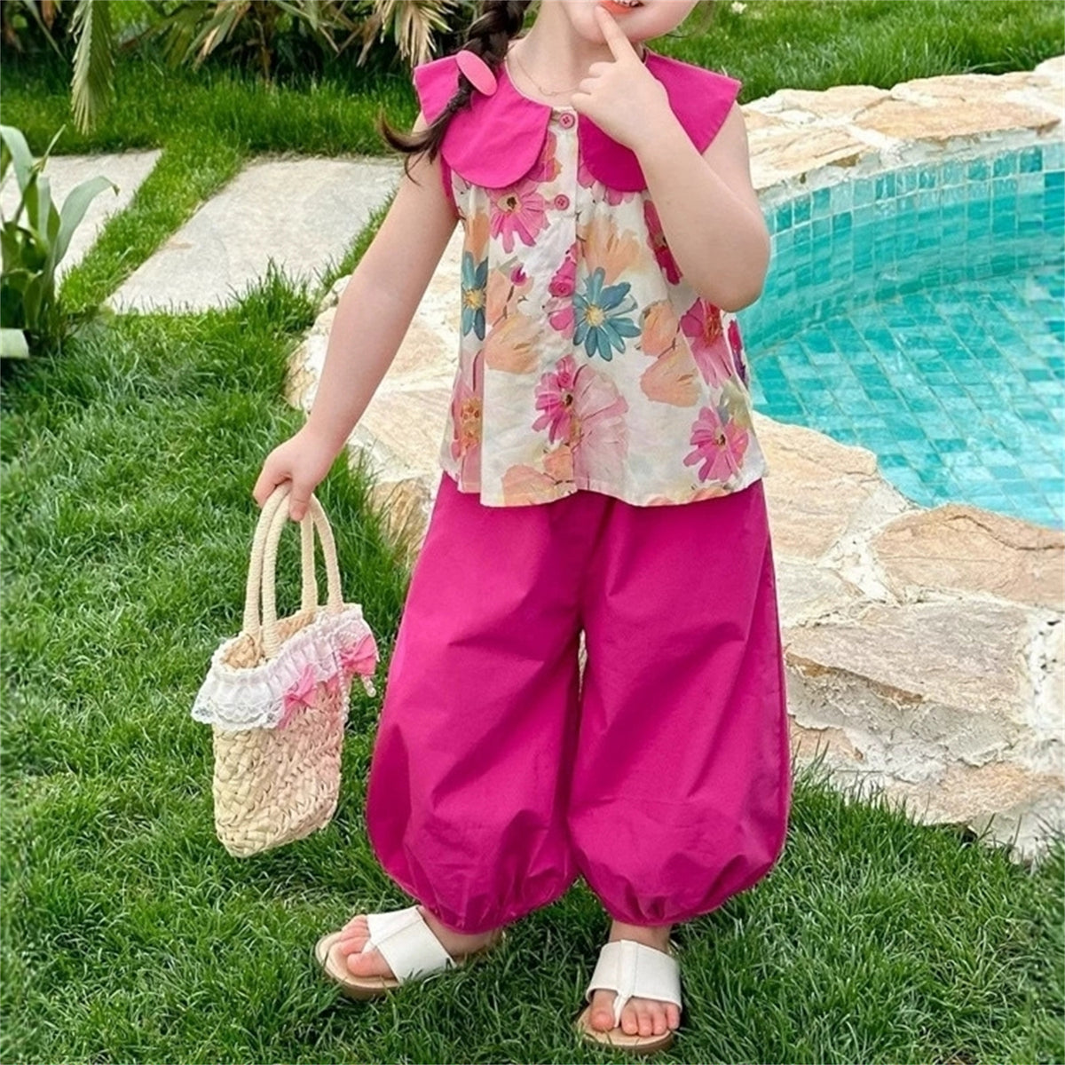 Sweet & Cute Summer 2-Piece Girls' Pants Suit, Ages 2-9 | Color: Rose | Image 1