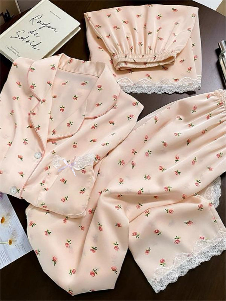 Minimalist Summer 3 Pcs Women 's Short  Sleeve Night Set | Color: Pink | Image 1