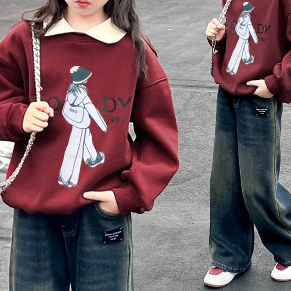 Casual Sporty Spring Girls' Sweatshirt, Ages 4-14 | Color: Red | Image 1