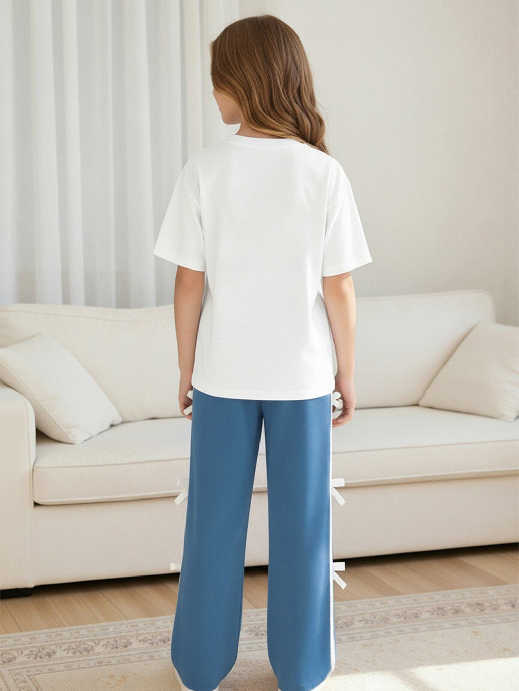 Casual Sporty Summer 2-Piece Girls' Pants Suit, Ages 4-13 | Color: White | Image 2