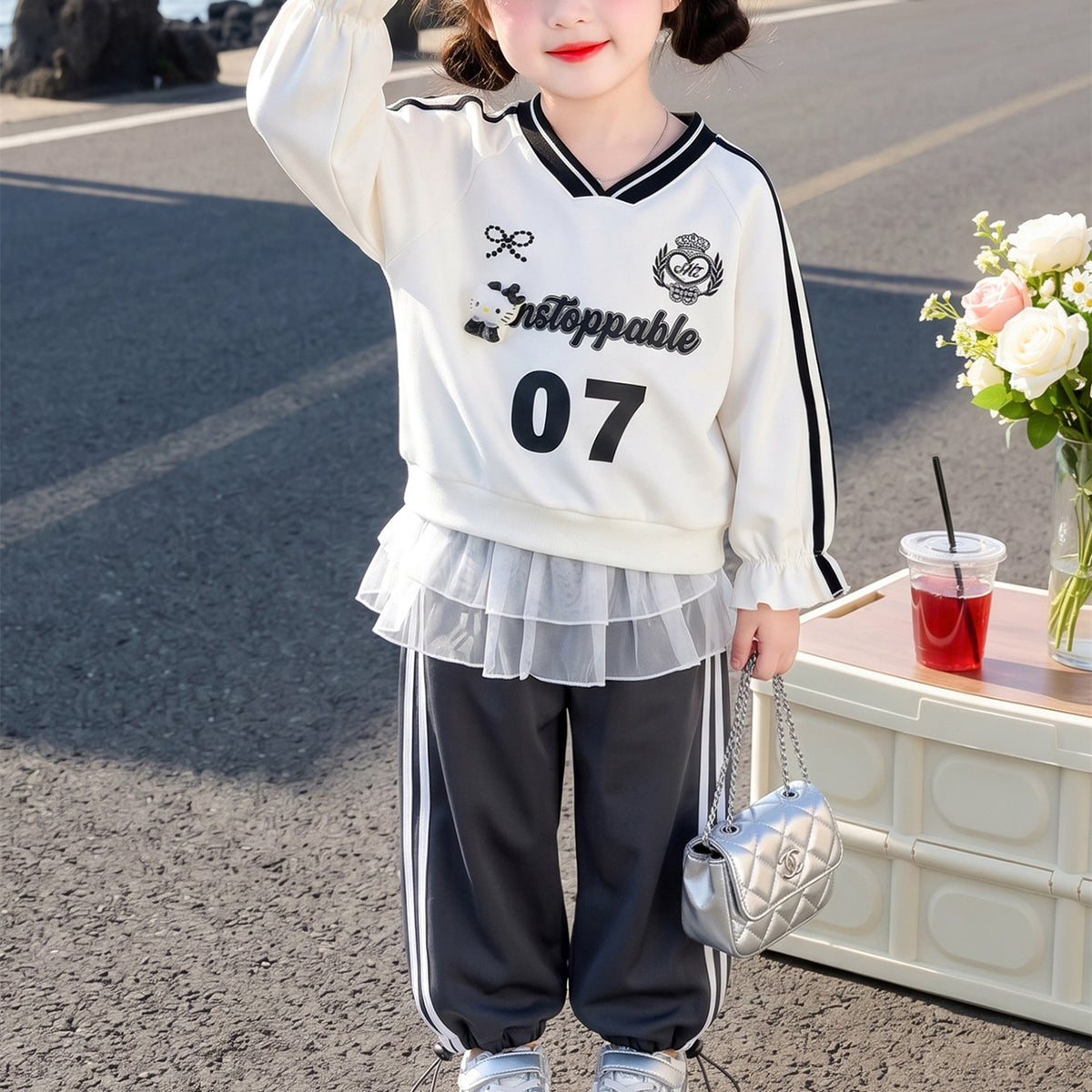 Modern Chic All-Season Casual Sporty Autumn 2-Piece Girls' Pants Suit, Ages 2-9 | Color: White | Image 3