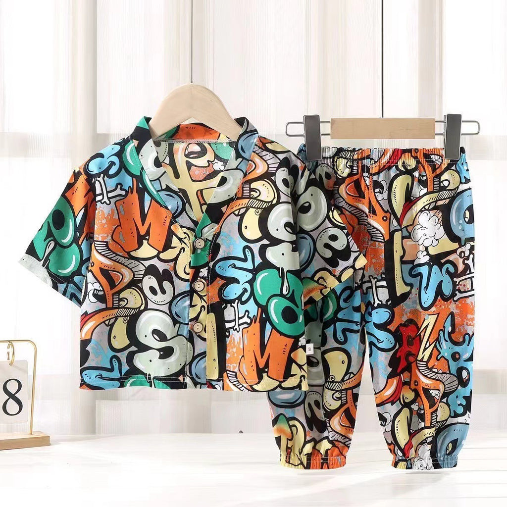 Casual Sporty Summer 2-Piece Unisex Kids' Pajama Set, Ages 2-11 | Color: Style 5 | Image 1
