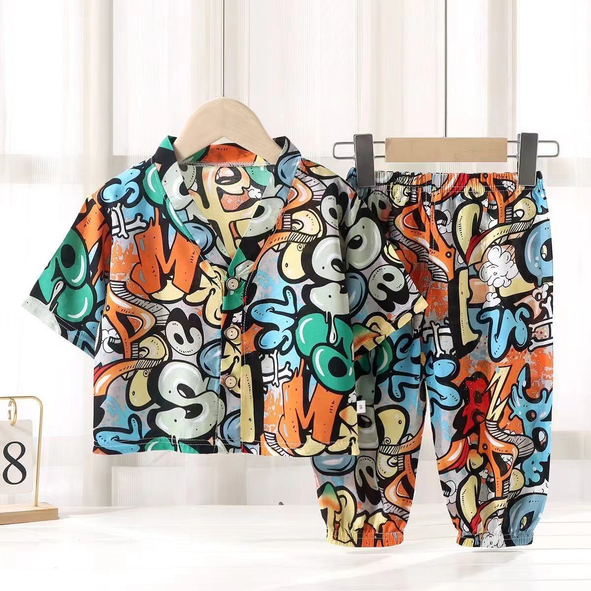 Casual Sporty Summer 2-Piece Unisex Kids' Pajama Set, Ages 2-11 | Color: Style 5 | Image 1