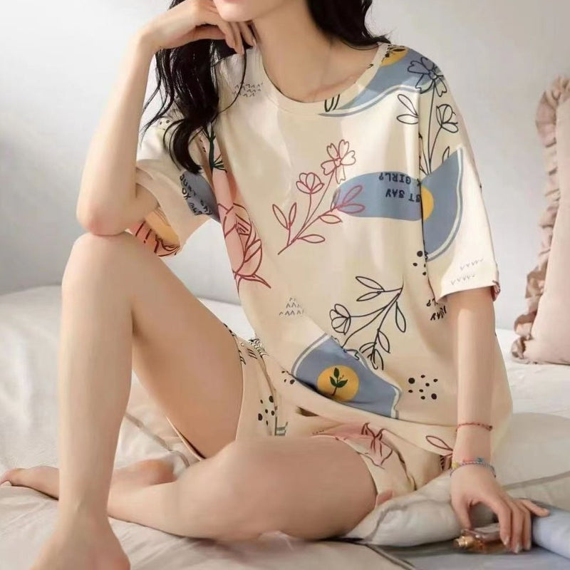All-Season Sweet & Cute Summer 2 Pcs Women 's Short  Sleeve Sleep Set | Color: Light Gold | Image 1