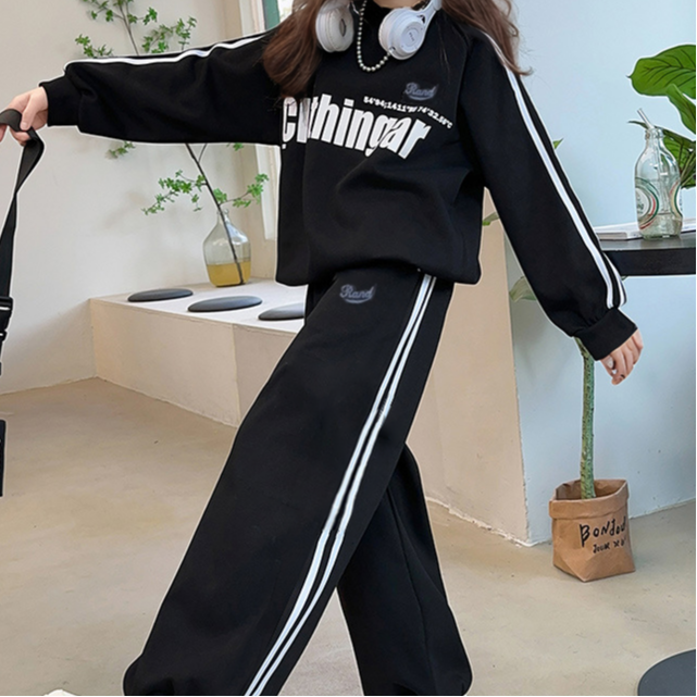 Casual Sporty Autumn 2-Piece Girls' Pants Suit, Ages 4-14 | Color: Black | Image 3