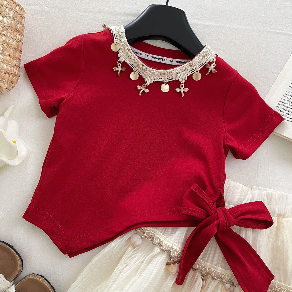 Casual Sporty Summer 2-Piece Girls' Dress Suit, Ages 2-5 | Color: Red | Image 3
