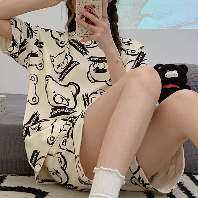 All-Season Sweet & Cute Summer 2 Pcs Women 's Short  Sleeve Sleep Set | Color: Light Nude | Image 3
