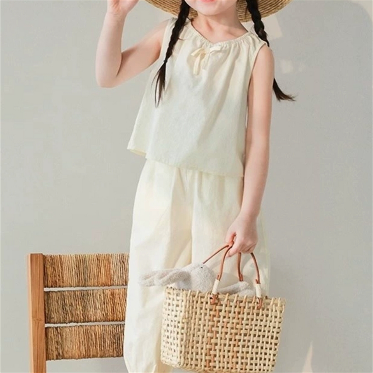 Casual Sporty Summer 2-Piece Girls' Pants Suit, Ages 2-9 | Color: Beige | Image 1