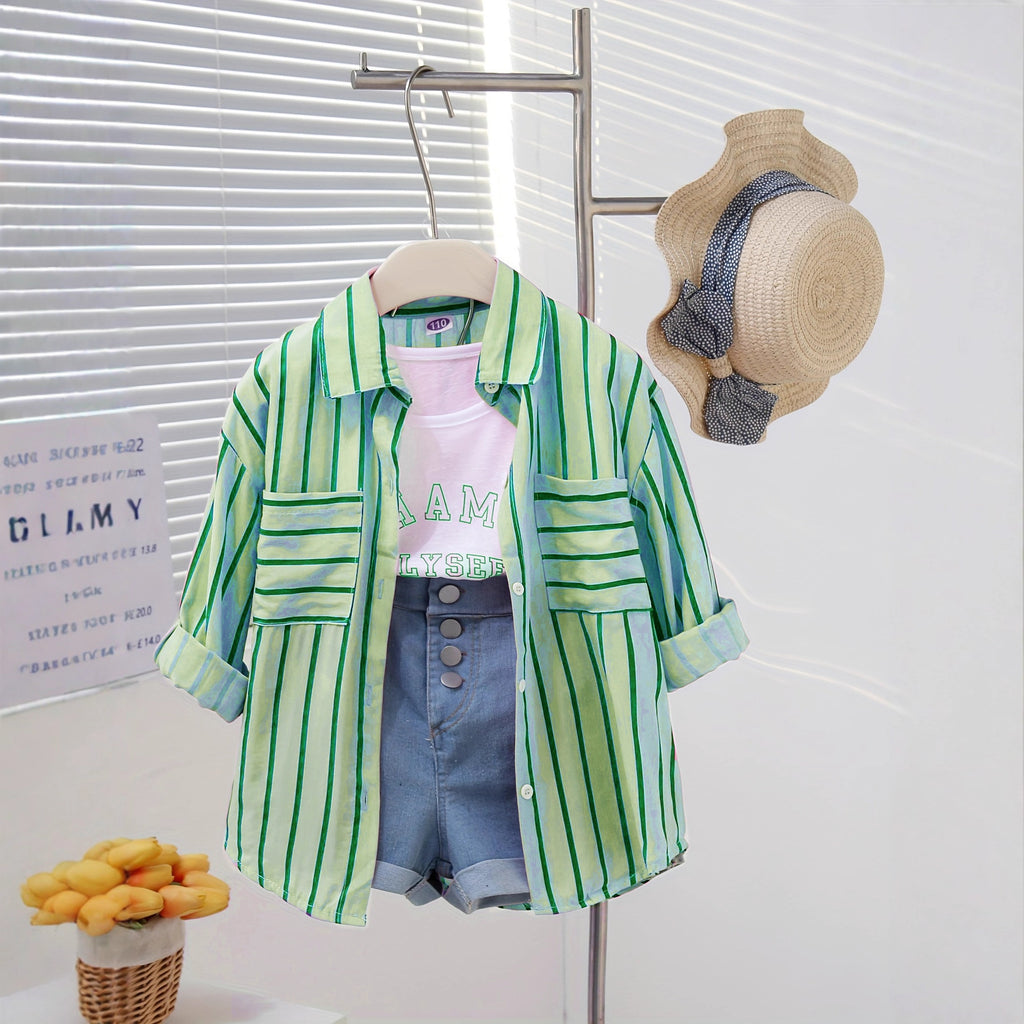 Casual Sporty Summer 3-Piece Girls' Pants Suit, Ages 2-9 | Color: Green | Image 1