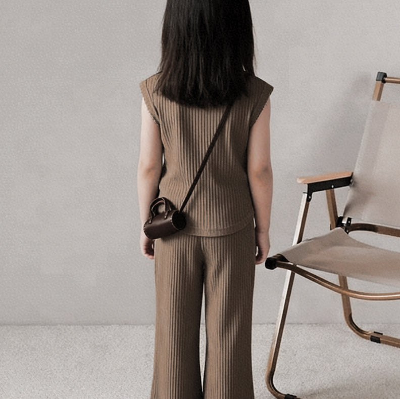 Modern Chic All-Season Minimalist Summer 2-Piece Girls' Pants Suit, Ages 2-9 | Color: Coffee | Image 3