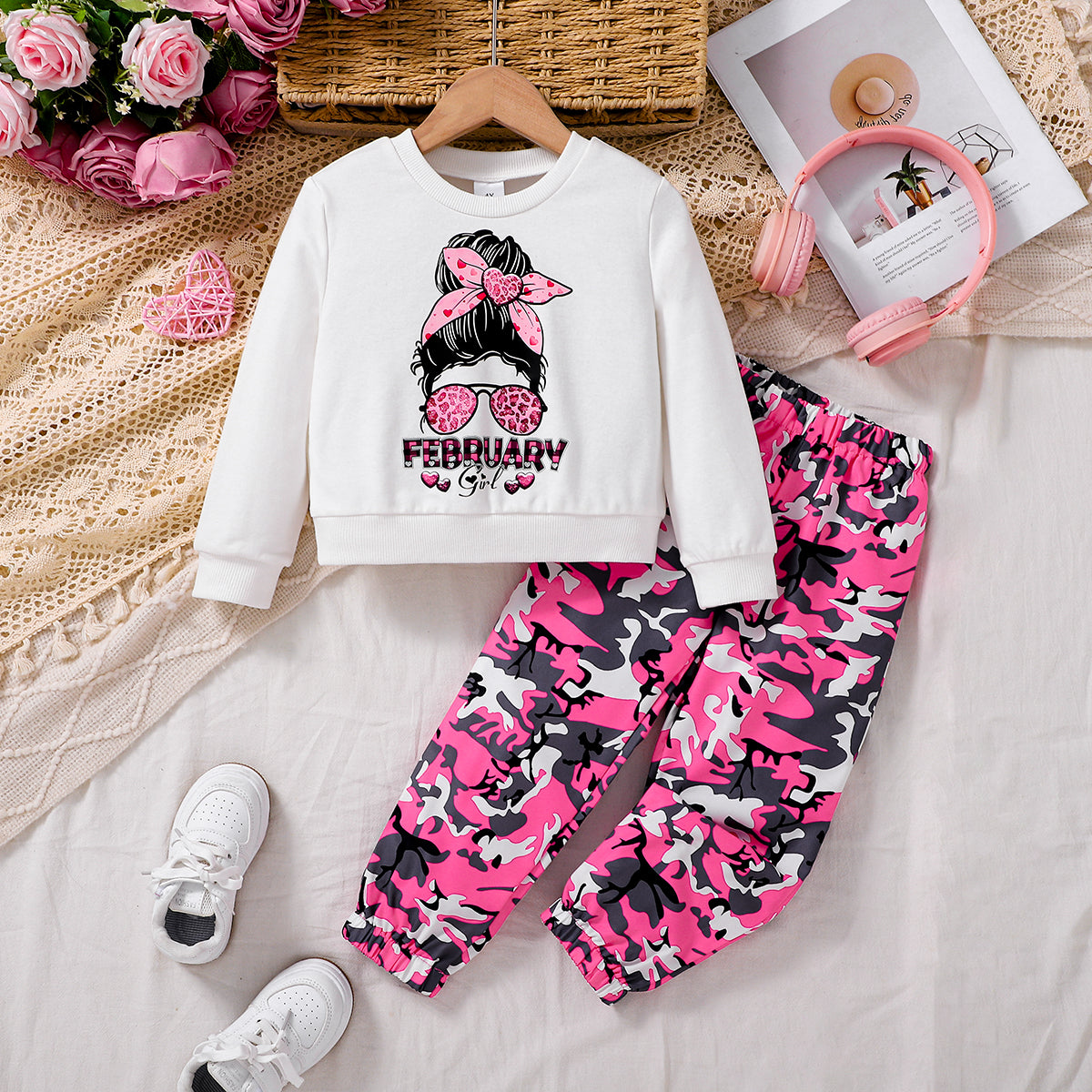 Trendy Autumn 2-Piece Girls' Pants Suit, Ages 3-9 | Color: White | Image 1