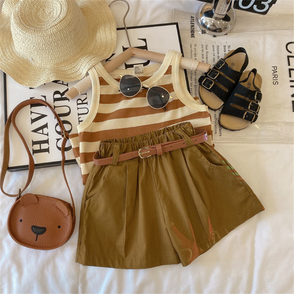 Sweet & Cute Summer 3-Piece Girls' Pants Suit, Ages 2-9 | Color: Khaki | Image 1