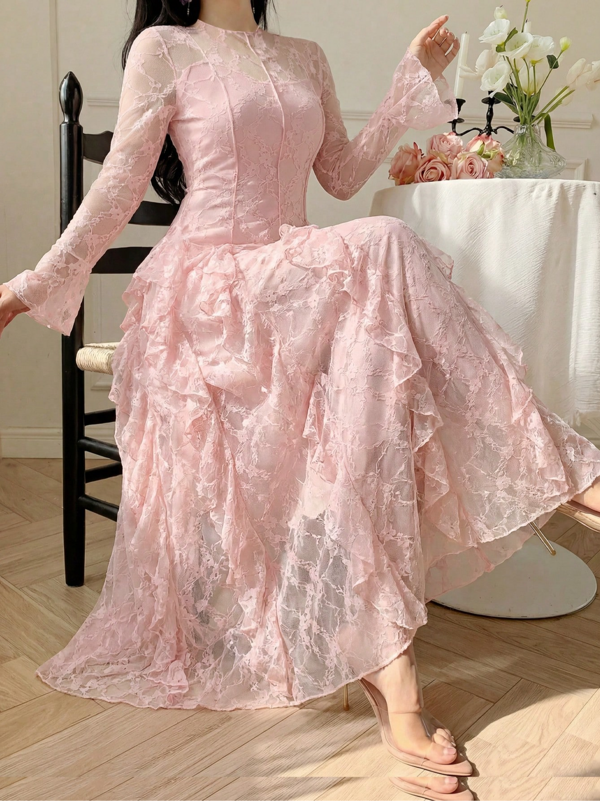 Elegant All-Season Lace Dress | Color: Pink | Image 1