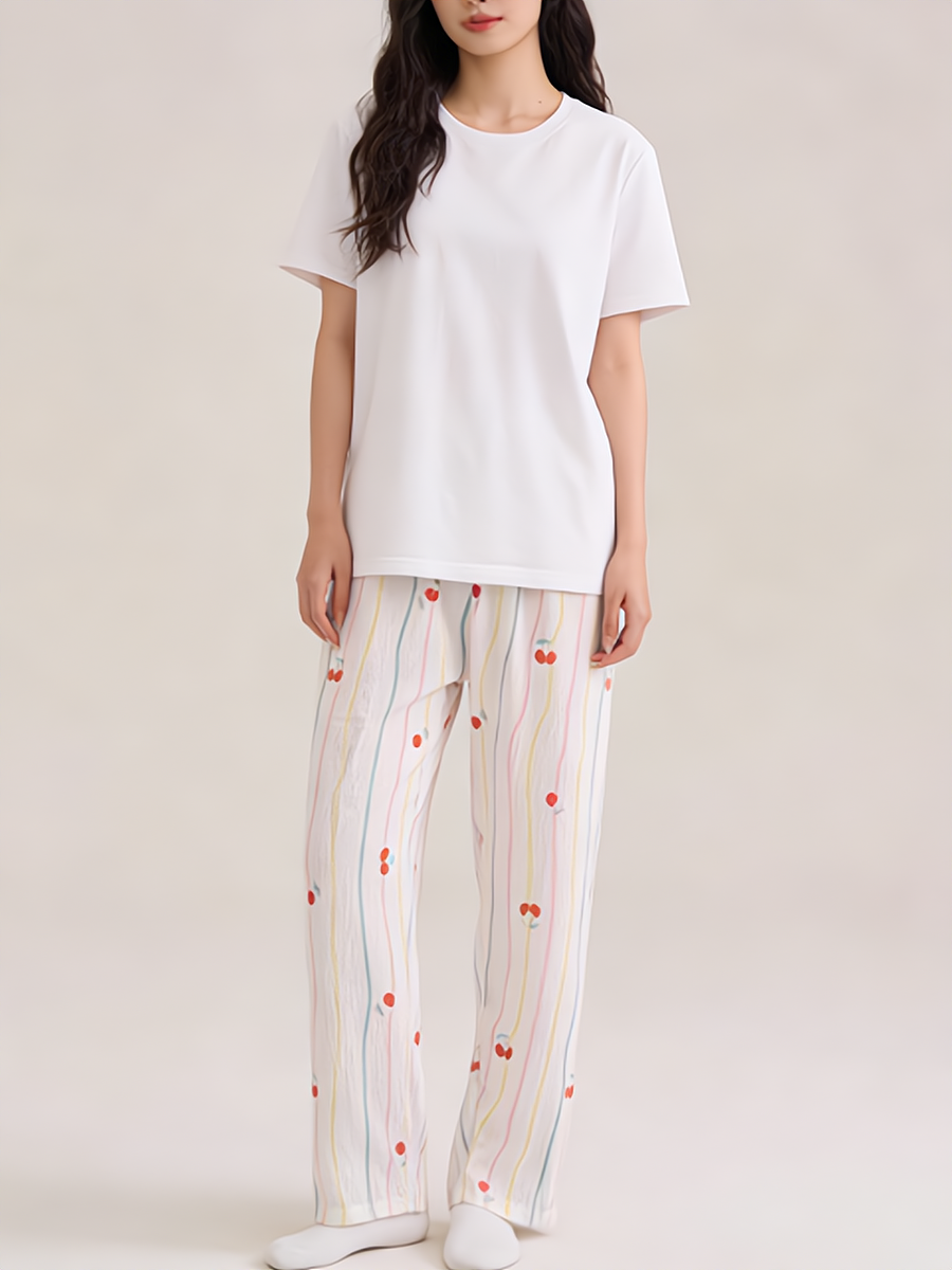 Sweet Feminine Summer 2 Pcs Women 's Short  Sleeve Sleep Set | Color: Style 1 | Image 3