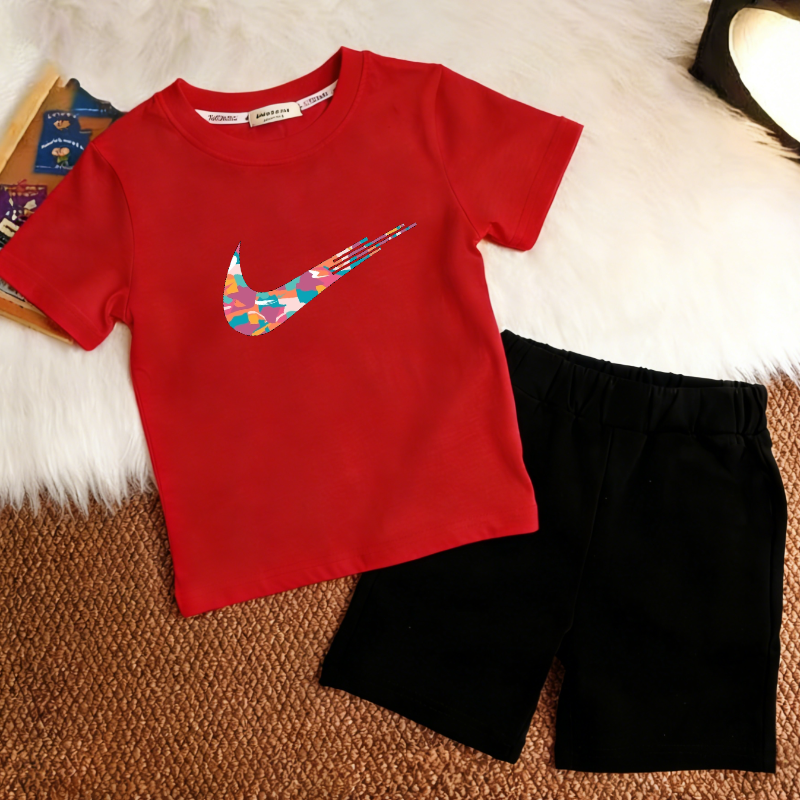 Modern Chic All-Season Casual Sporty Summer Unisex Kids' Pants Suit | Color: Red | Image 1