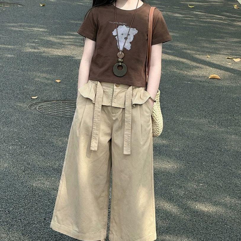 Minimalist Summer 2-Piece Girls' Pants Suit, Ages 6-14 | Color: Khaki | Image 1