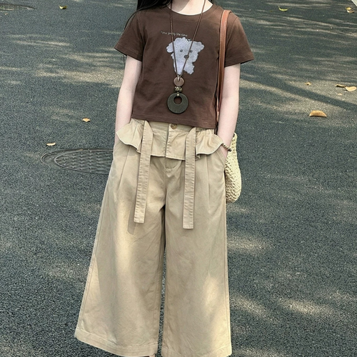Minimalist Summer 2-Piece Girls' Pants Suit, Ages 6-14 | Color: Khaki | Image 1
