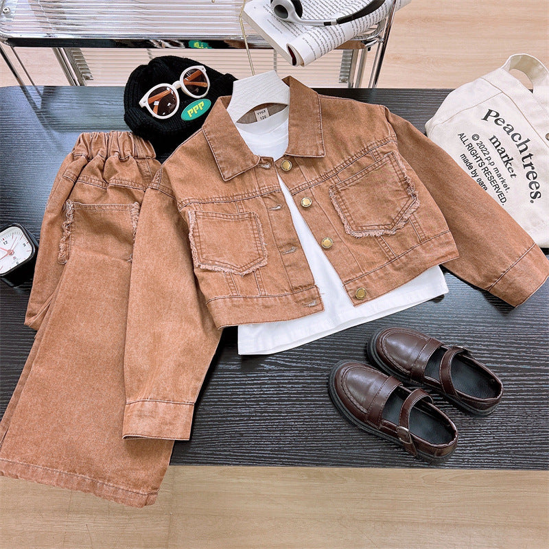 Trendy Autumn 2-Piece Girls' Pants Suit, Ages 3-13 | Color: Light Brown | Image 1