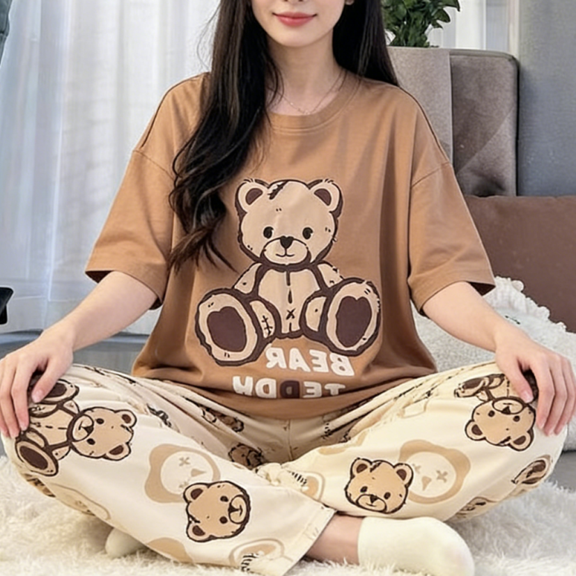 Sweet Feminine Summer 2 Pcs Women 's Short  Sleeve Sleep Set | Color: Style 1 | Image 2
