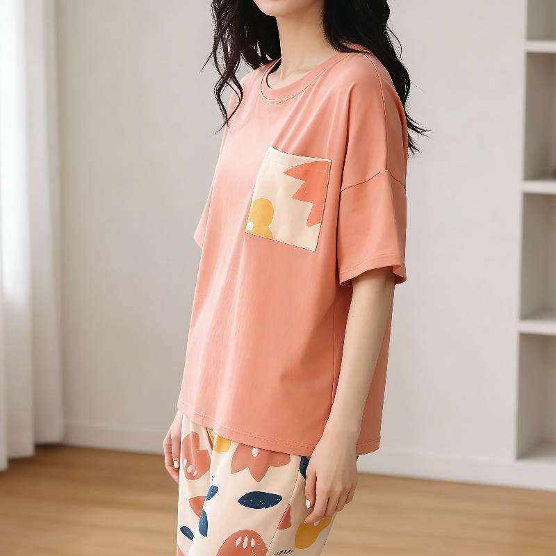 Modern Chic All-Season Minimalist Summer 2 Pcs Women 's Short  Sleeve Sleep Set | Color: Peach Pink | Image 2