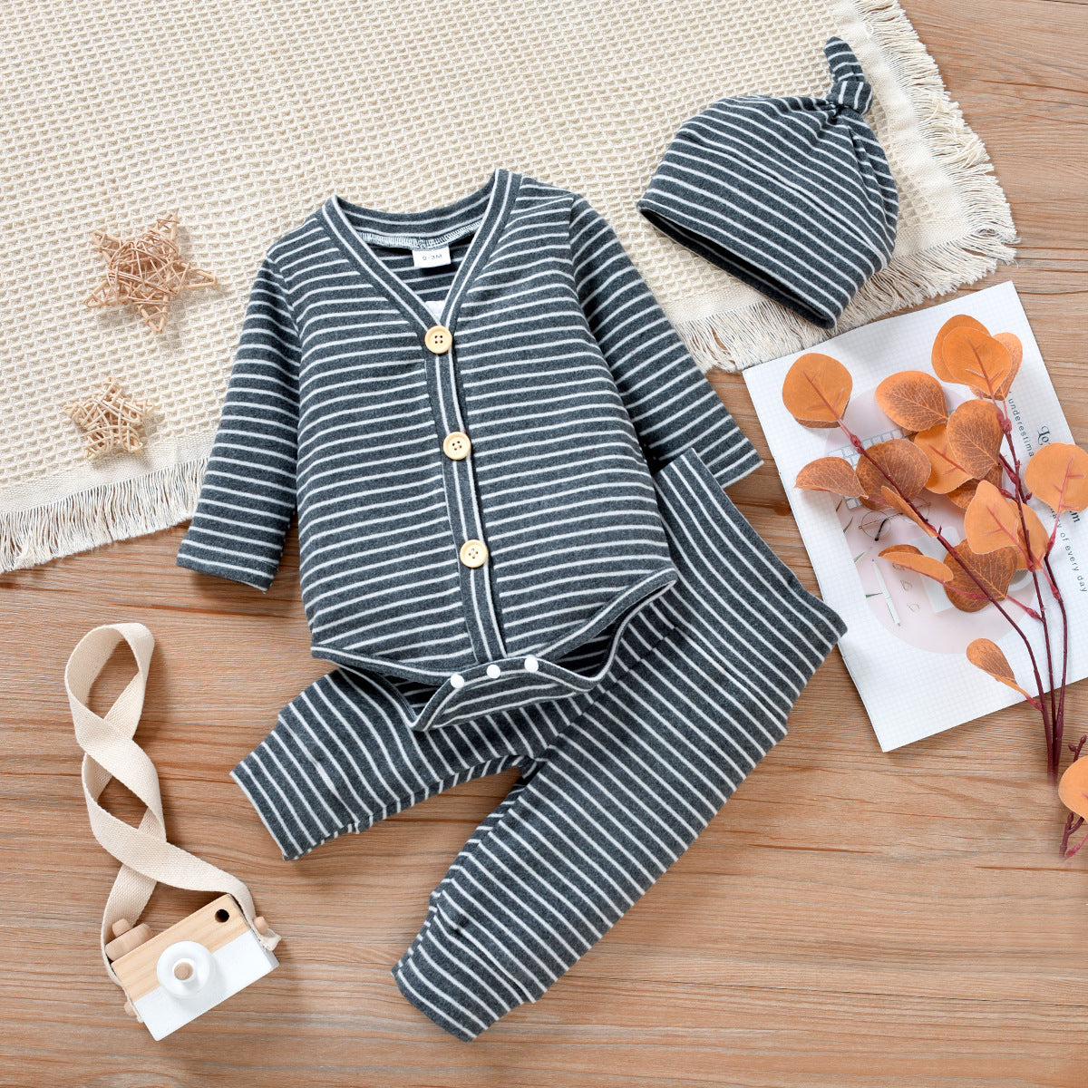 Minimalist Autumn 3-Piece Unisex Baby Pants Suit, Ages 0-12 Months | Color: Grey | Image 1
