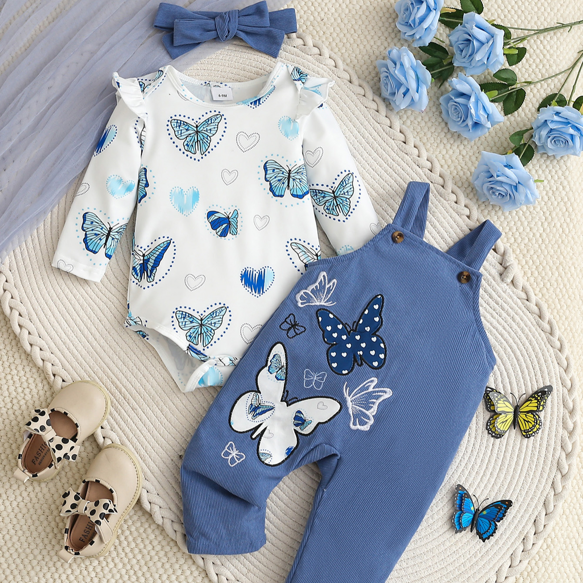 Trendy Autumn 3-Piece Baby Girls' Pants Suit, Ages 0-6 Months | Color: Blue | Image 1