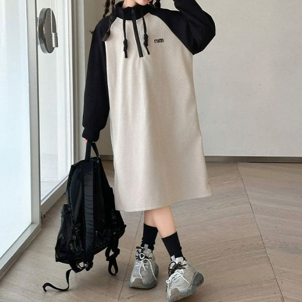 Modern Chic All-Season Minimalist Autumn Girls' Hoodie Dress, Ages 4-14 | Color: Black | Image 1