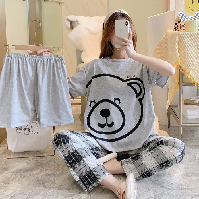 Minimalist Summer 3 Pcs Women 's Short  Sleeve Sleep Set | Color: Light Grey | Image 1