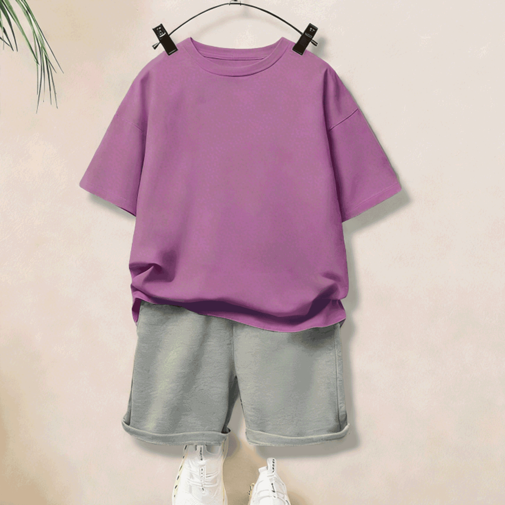 Modern Chic All-Season Minimalist Summer 2-Piece Unisex Kids' Pants Suit, Ages 2-7 | Color: Purple | Image 3