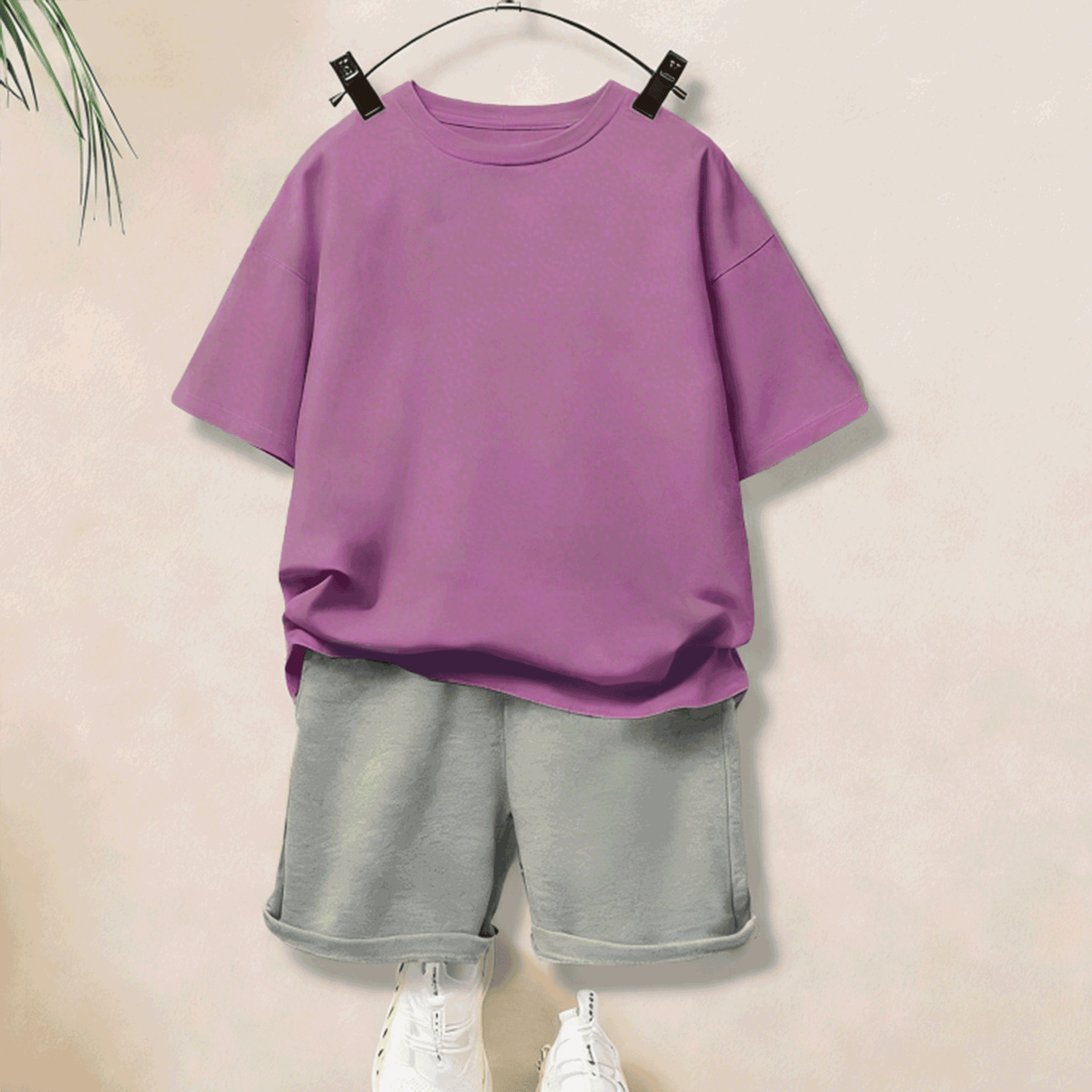 Modern Chic All-Season Minimalist Summer 2-Piece Unisex Kids' Pants Suit, Ages 2-7 | Color: Purple | Image 3