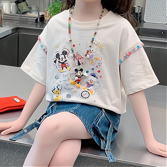 Modern Chic All-Season Casual Sporty Summer Girls' T-Shirt, Ages 4-14 | Color: Beige | Image 1