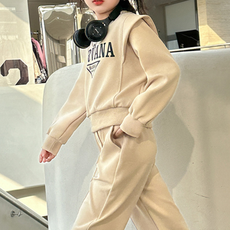 Casual Sporty Autumn 2-Piece Girls' Pants Suit, Ages 4-14 | Color: Apricot | Image 3