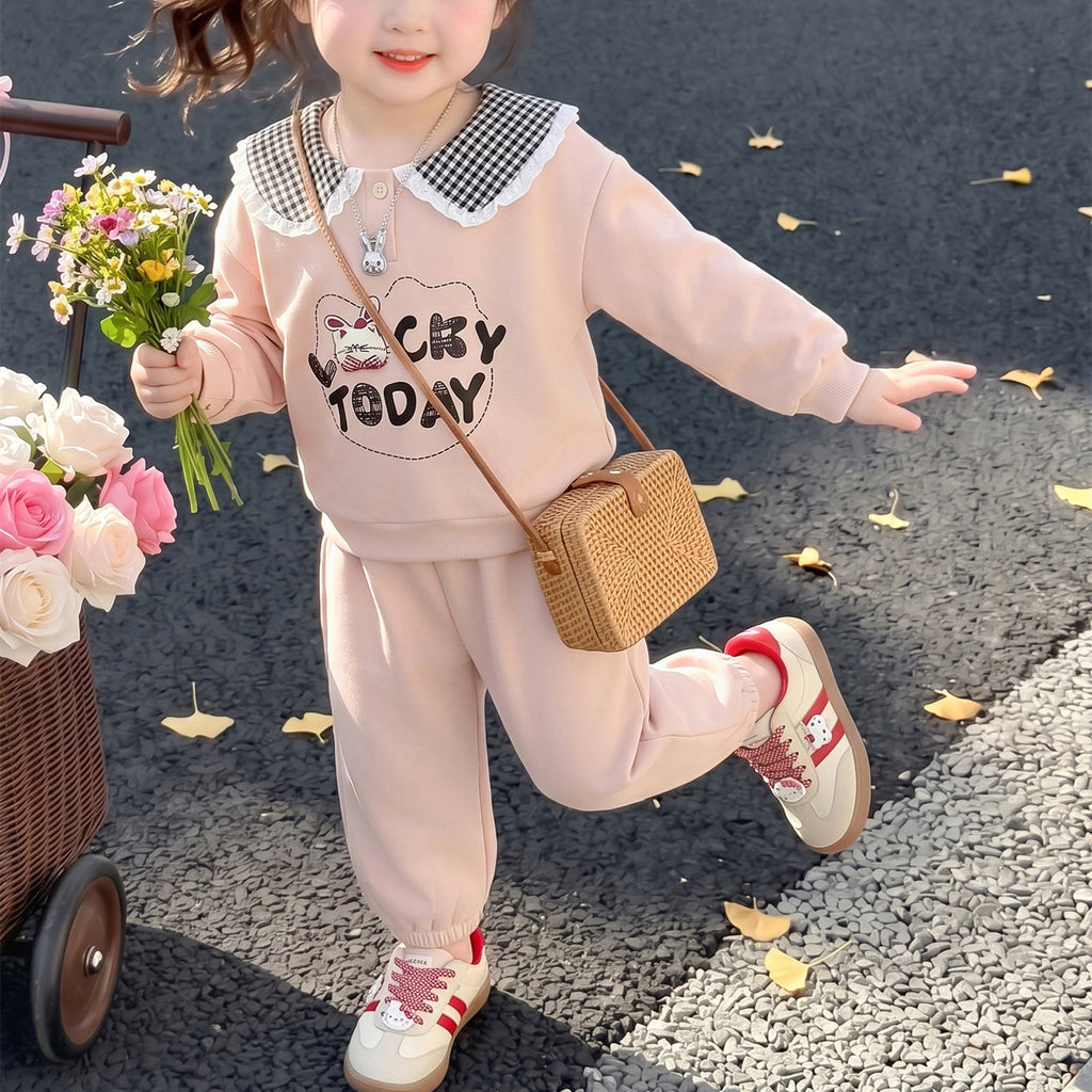 Casual Sporty Autumn 2-Piece Girls' Pants Suit, Ages 2-9 | Color: Pink | Image 1