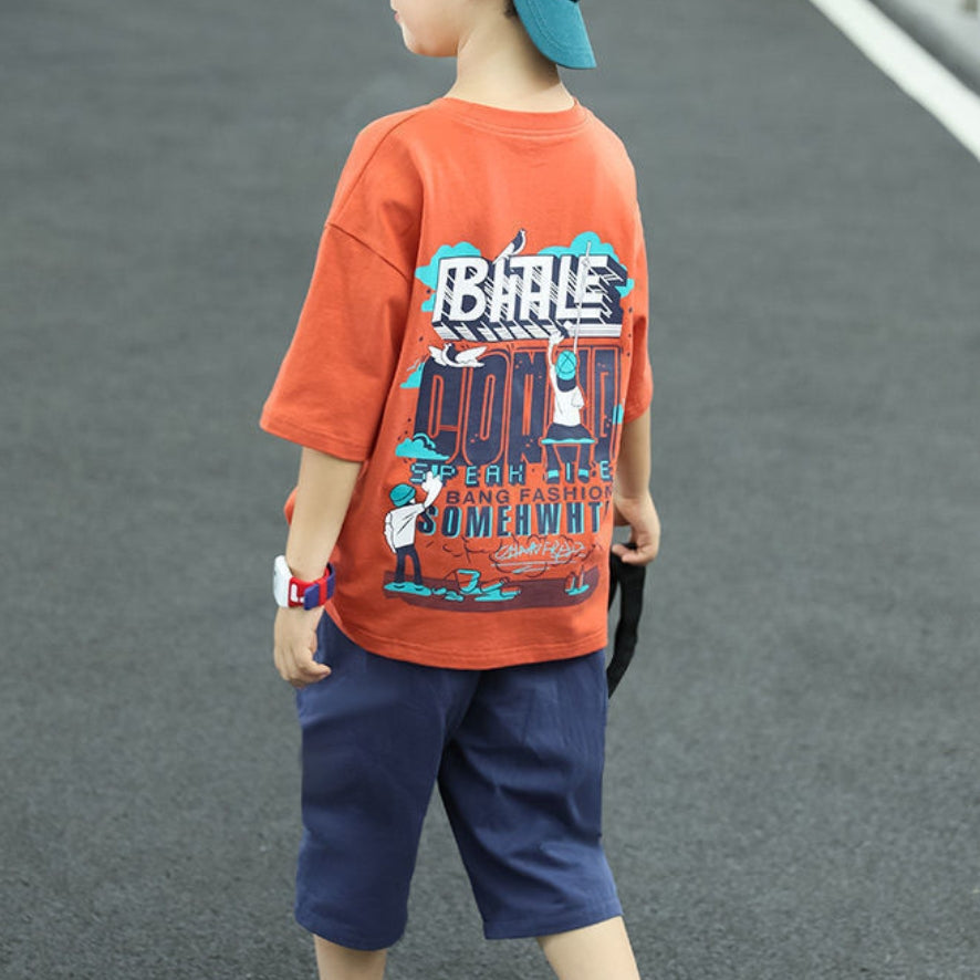 Minimalist Summer 2-Piece Boys' Pants Suit, Ages 4-13 | Color: Orange | Image 3