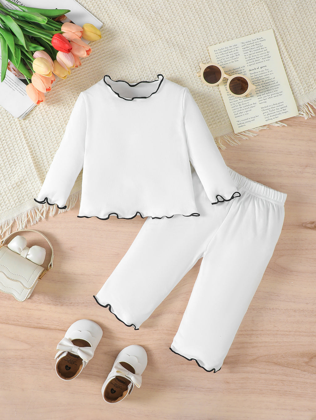 Minimalist Autumn 2-Piece Baby Girls' Pants Suit, Ages 1-24 Months | Color: White | Image 1