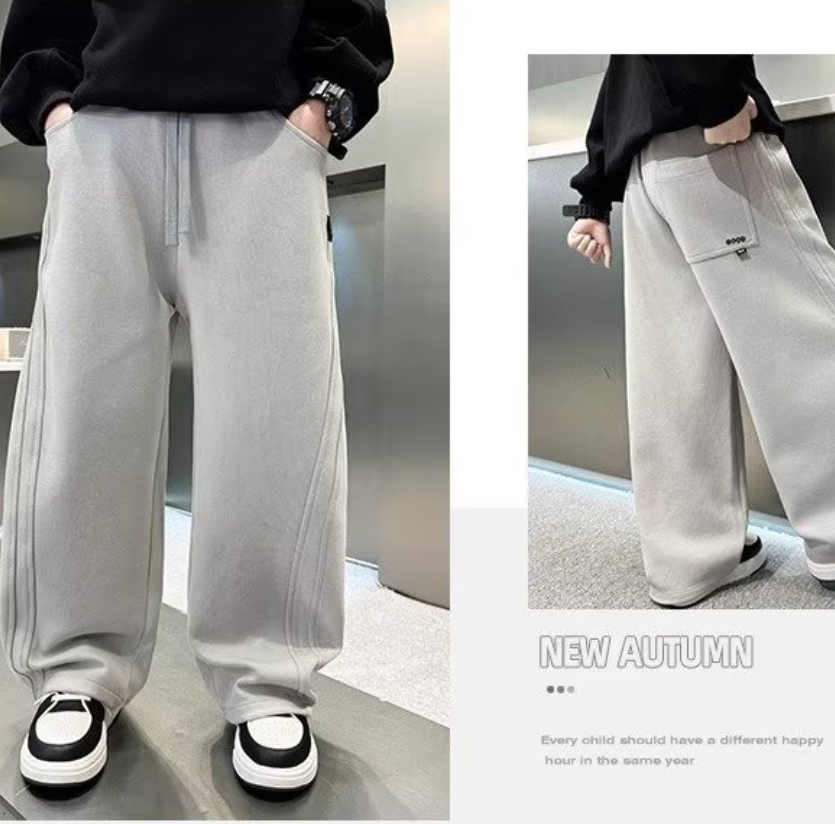Minimalist Autumn Boys' Casual Pants, Ages 4-14 | Color: Light Grey | Image 2