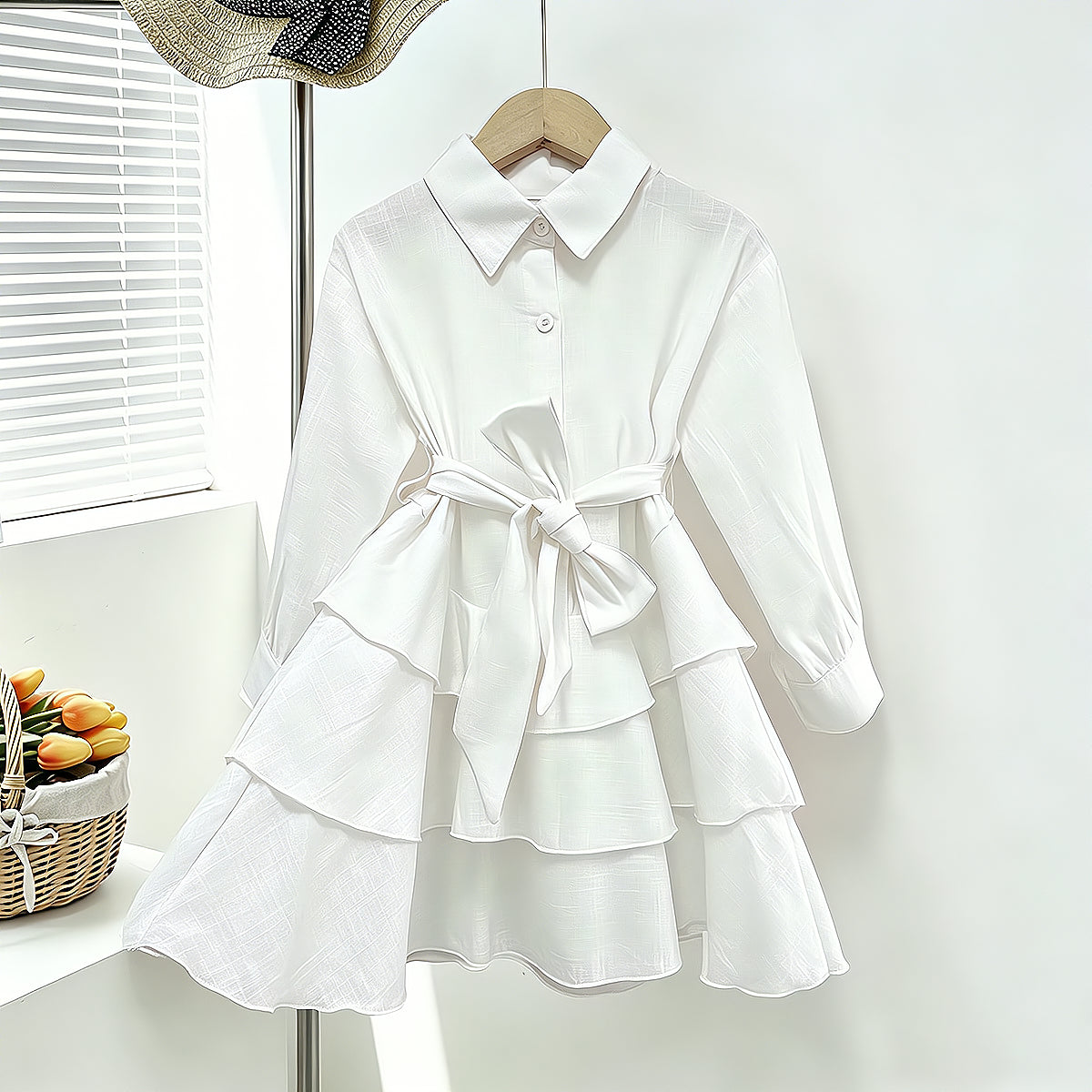 Minimalist Autumn 2-Piece Girls' A-Line Dress, Ages 2-9 | Color: White | Image 3