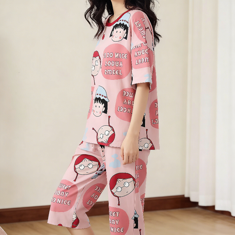 Modern Chic All-Season Minimalist Summer 2 Pcs Women 's Short  Sleeve Sleep Set | Color: Pink | Image 2