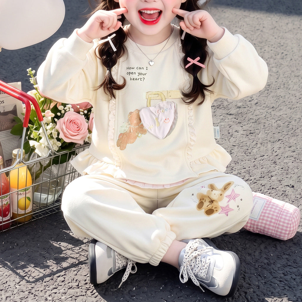 Sweet & Cute Autumn 2-Piece Girls' Pants Suit, Ages 2-9 | Color: Beige | Image 2