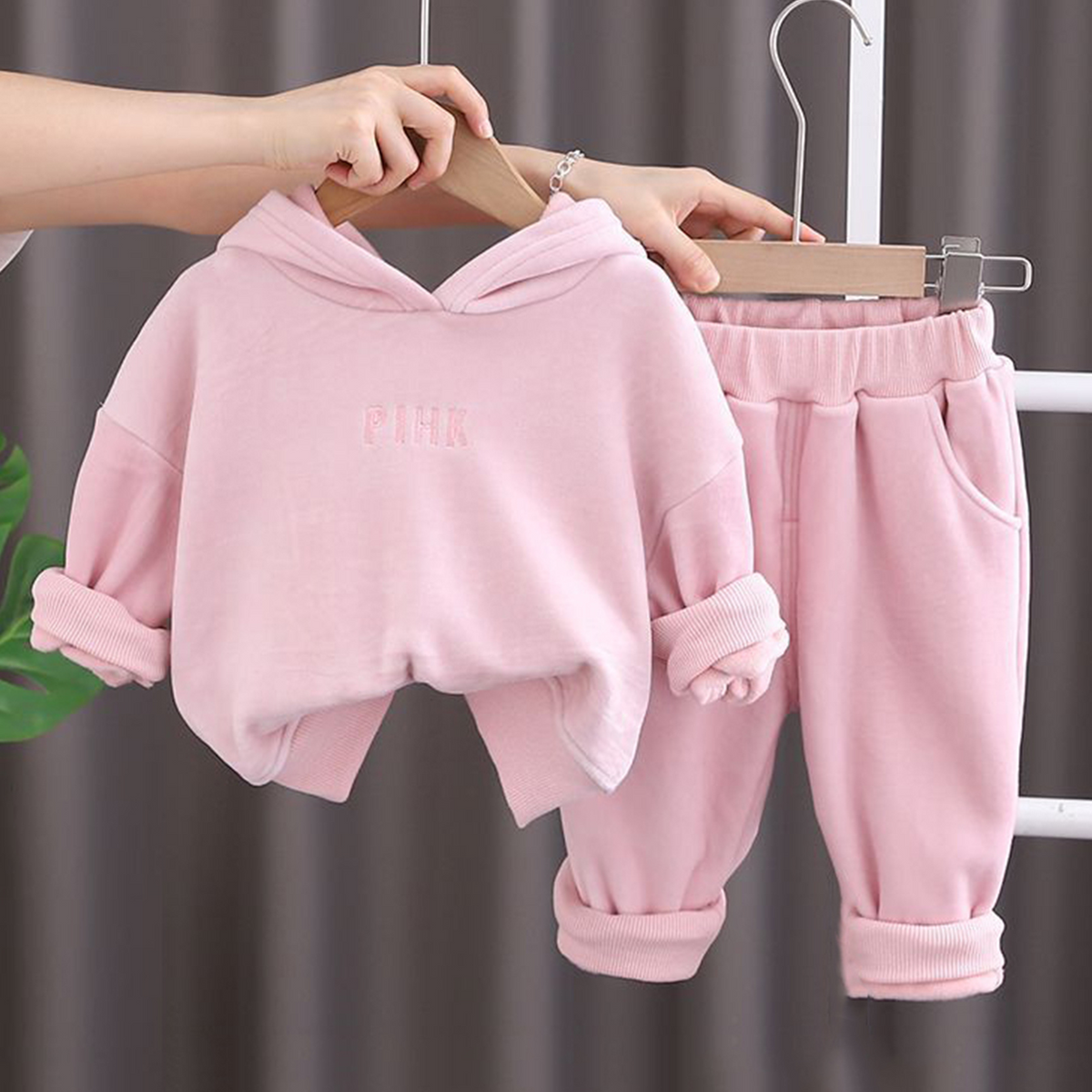Minimalist Autumn 2-Piece Unisex Kids' Pants Suit, Ages 2-7 | Color: Pink | Image 3