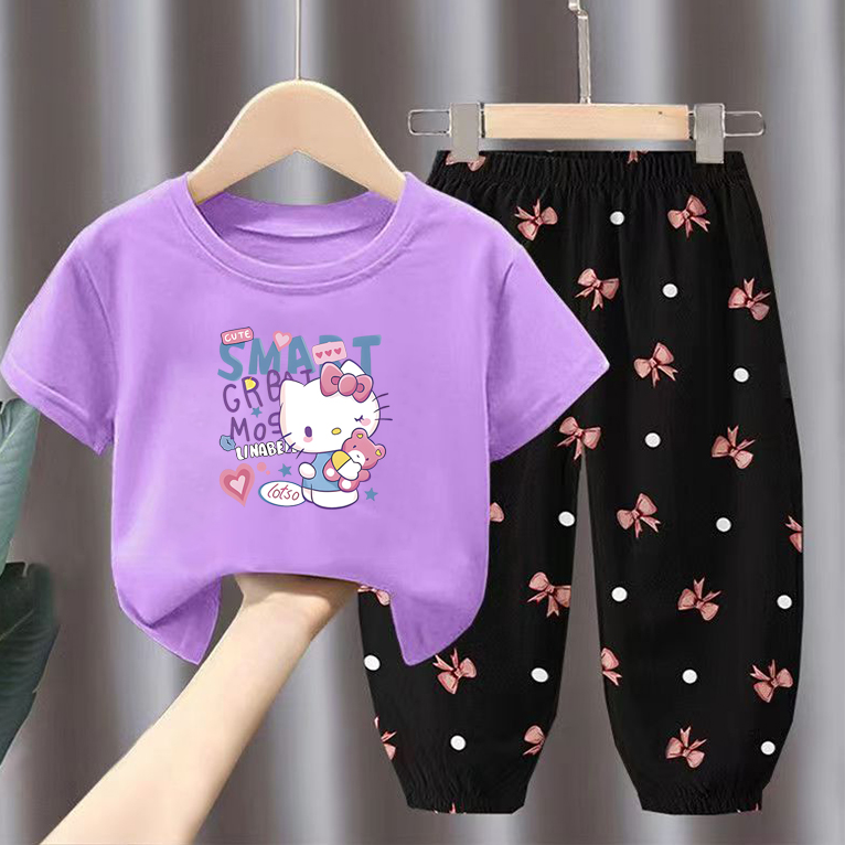 Modern Chic All-Season Minimalist Summer 2-Piece Girls' Pants Suit, Ages 2-9 | Color: Purple | Image 1