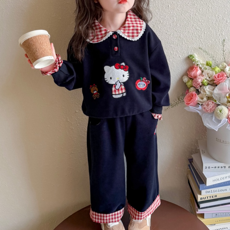 All-Season Sweet & Cute Autumn 2-Piece Girls' Pants Suit, Ages 2-9 | Color: Navy | Image 1