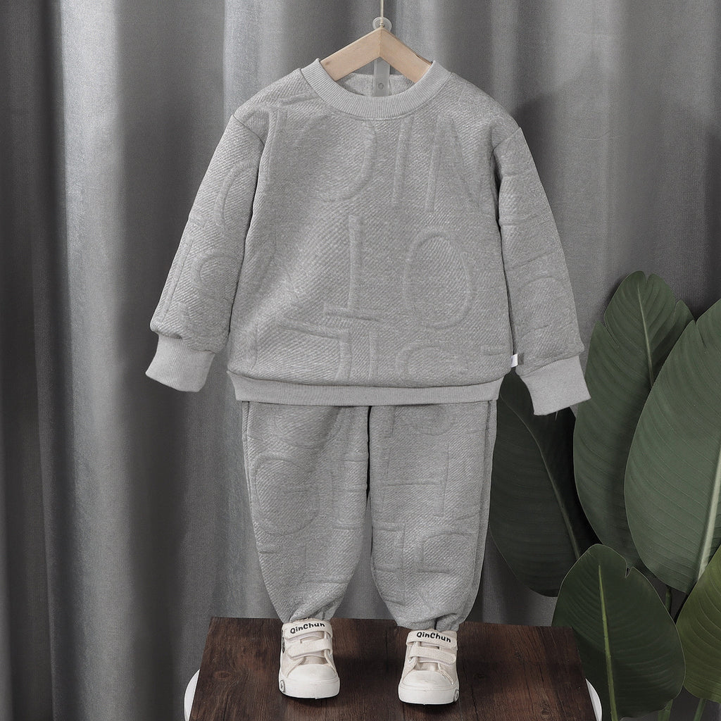 Minimalist Autumn Jacquard Weave 2-Piece Unisex Kids' Pants Suit, Ages 1-6