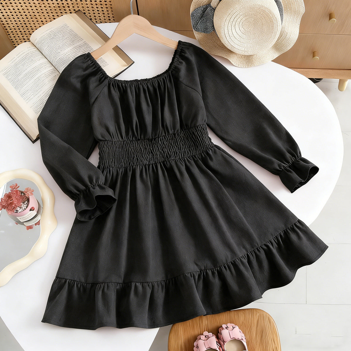 Minimalist Spring Girls' A-Line Dress, Ages 2-13 | Color: Black | Image 3