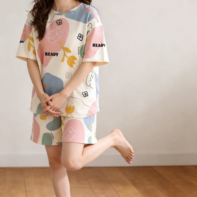 All-Season Sweet & Cute Summer 2 Pcs Women 's Short  Sleeve Sleep Set | Color: Beige | Image 2