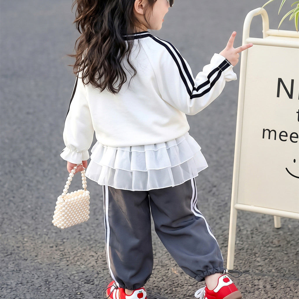 Modern Chic All-Season Casual Sporty Autumn 2-Piece Girls' Pants Suit, Ages 2-9 | Color: White | Image 2