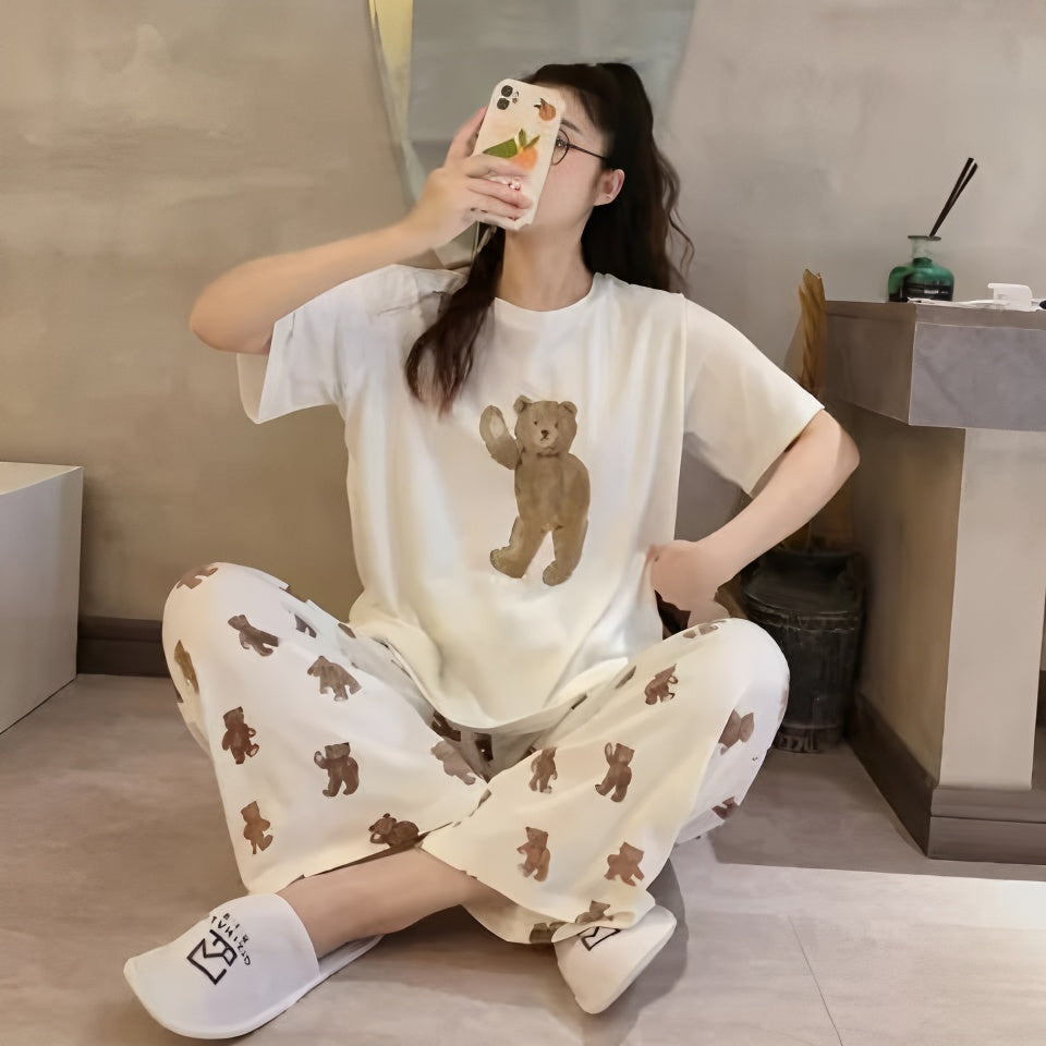 Modern Chic All-Season Sweet Feminine Summer 2 Pcs Women 's Short  Sleeve Sleep Set | Color: Style 1 | Image 1