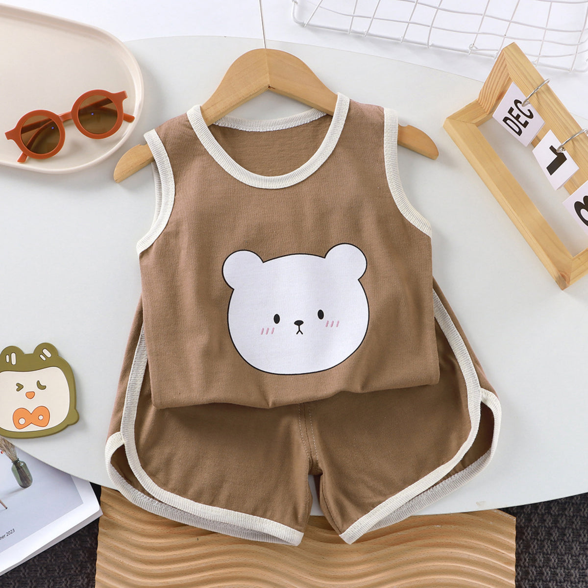 Casual Sporty Summer 2-Piece Unisex Baby Pants Suit, Ages 1-24 Months | Color: Coffee | Image 1