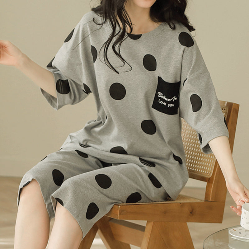 Minimalist Summer 2 Pcs Women 's Short  Sleeve Sleep Set | Color: Grey | Image 1