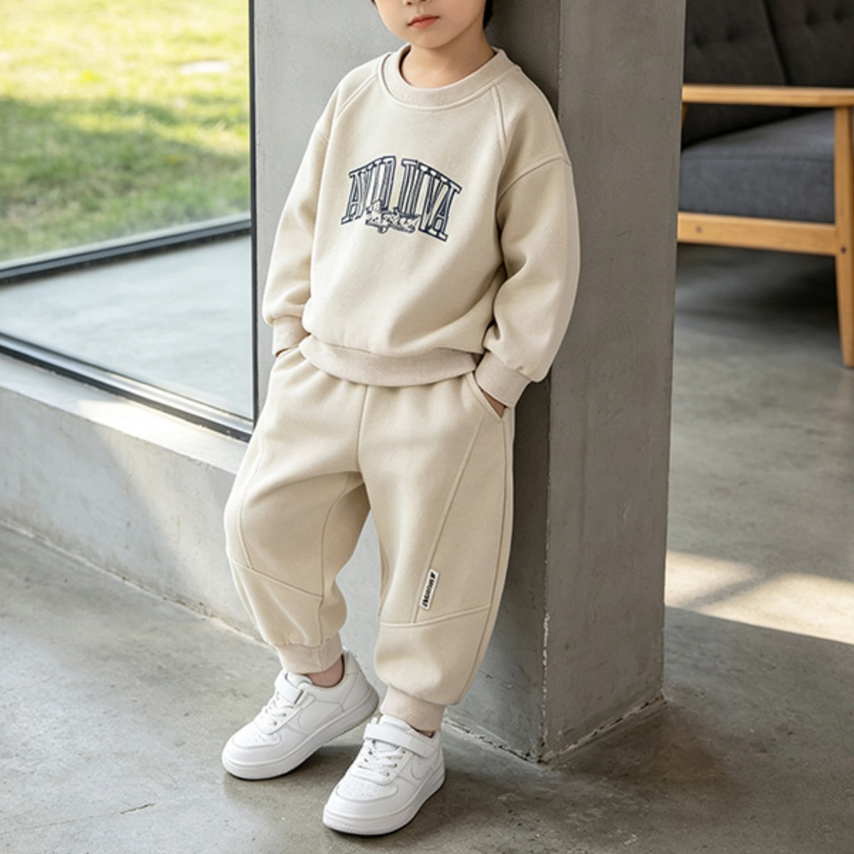 Modern Chic All-Season Casual Sporty Autumn 2-Piece Boys' Pants Suit, Ages 2-7 | Color: Apricot | Image 1